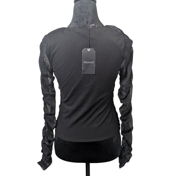 STELLA LUCE NWT Ruched Mesh Long Sleeve Top M Black Bodycon Going Out Blouse - Picture 6 of 6